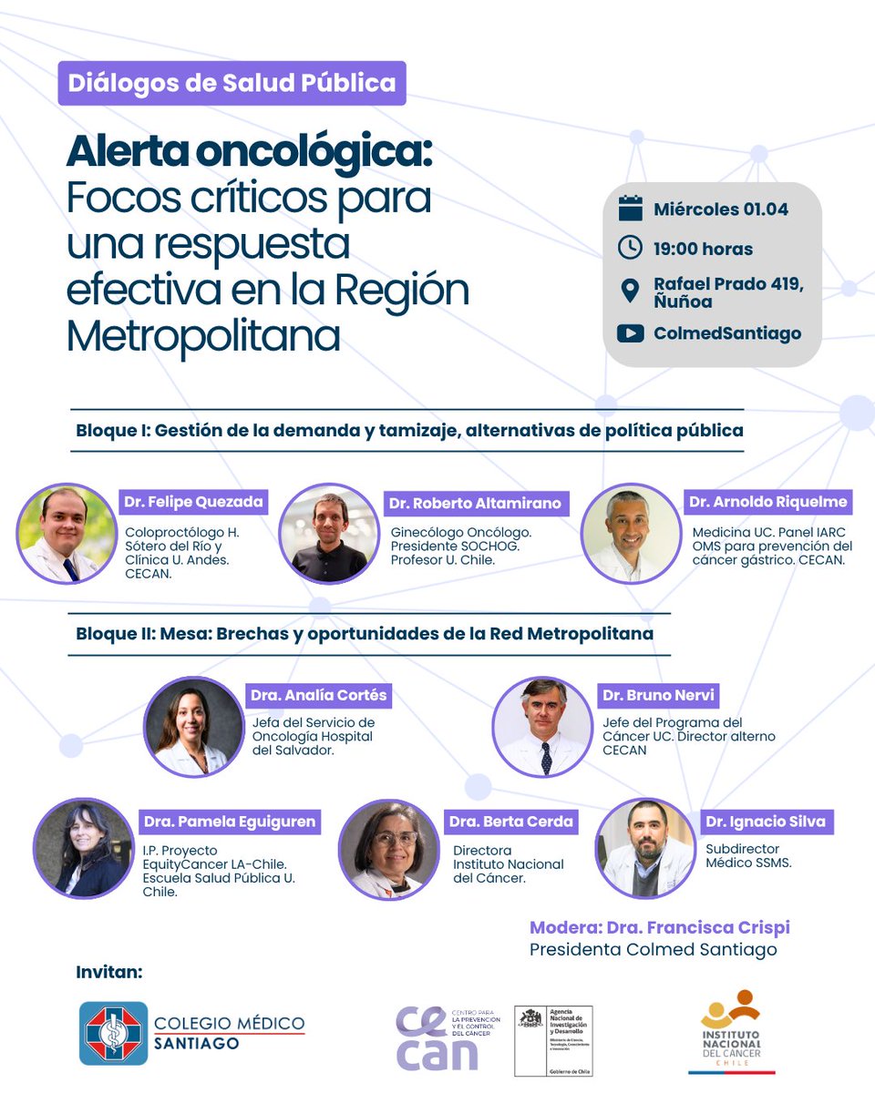 ColMedSantiago's tweet photo. 🔎 Ante la alerta sanitaria por retrasos en garantías GES oncológicas, Colmed Santiago, junto a @cecan_chile e @incancerincancer, invita al diálogo “Alerta oncológica: focos críticos para una respuesta efectiva en la RM”. Inscríbete aquí👇
https://t.co/a7cvLXBHRs https://t.co/08l59mROnP
