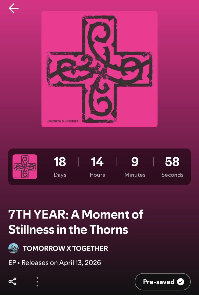 TXTintl_twt's tweet photo. #TXT’s "7TH YEAR: A Moment of Stillness in the Thorns" finally has a direct countdown on Spotify.

Make sure to pre-save it NOW!!
🪾 https://t.co/jYuh6T9hW3

#7TH_YEAR
#가시덤불에_잠시_바람이_멈췄을_때
#A_Moment_of_Stillness_in_the_Thorns https://t.co/c1SehrBpLL