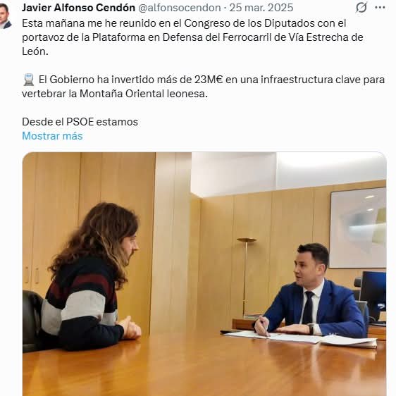 PlataformaFEVE's tweet photo. GRACIAS, CENDÓN
Hace un año nos reuníamos con el secretario provincial del PSOE de León, diputado y responsable de Transportes del Grupo parlamentario socialista en el Congreso de los Diputados, Javier Alfonso Cendón @alfonsocendon https://t.co/RXFNFFAkjf