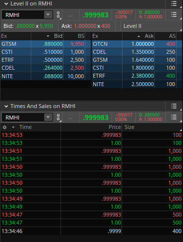 NExit007's tweet photo. It feels like Naked Shorting is happening on $RMHI today after the questionable fake take-down yesterday to bait sellers. MMs are desperately keeping this down here. OTCN reloads the $1 with 500 shares each time it's hit, and pulls shares out of thin air to keep it at $1. 🧐 https://t.co/bNR2RMFYmZ