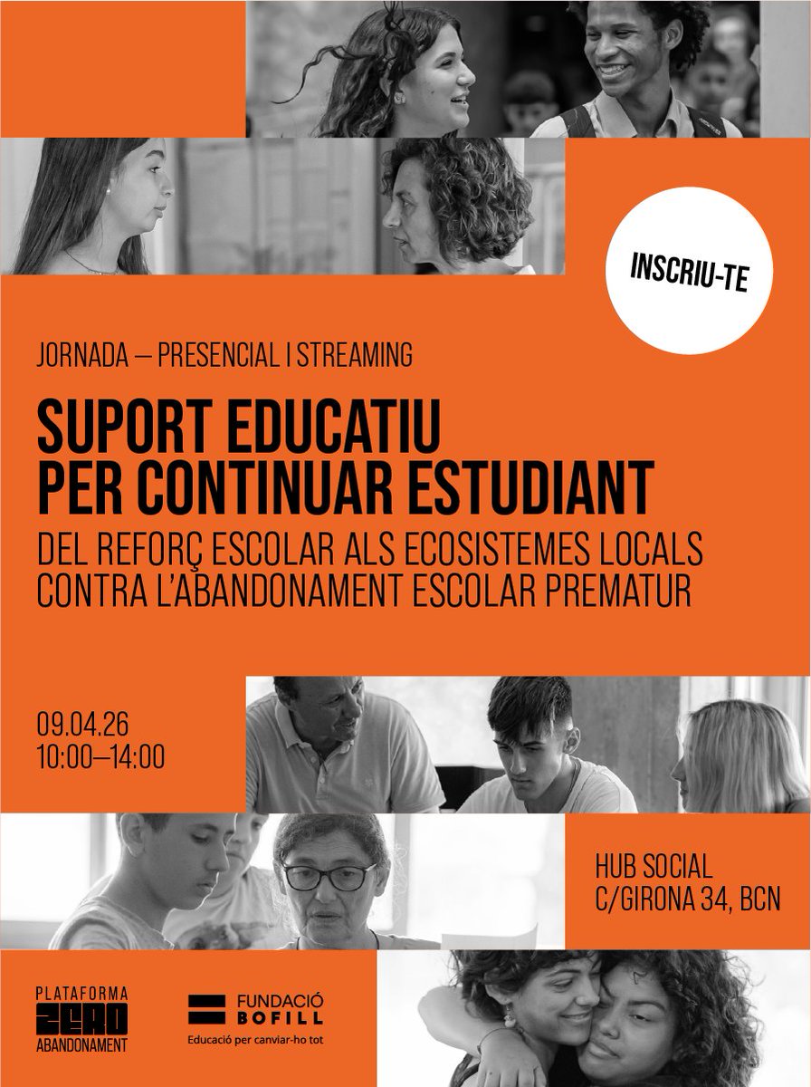 ceesc_cat's tweet photo. Com passem del reforç escolar a ecosistemes locals que evitin l’abandonament?
Jornada #ZeroAbandonament
🗓 9 d’abril · Barcelona (format híbrid)
👉 Inscripcions
https://t.co/0OP7kgLHUt
@FundacioBofill https://t.co/VbCIzsmKZg