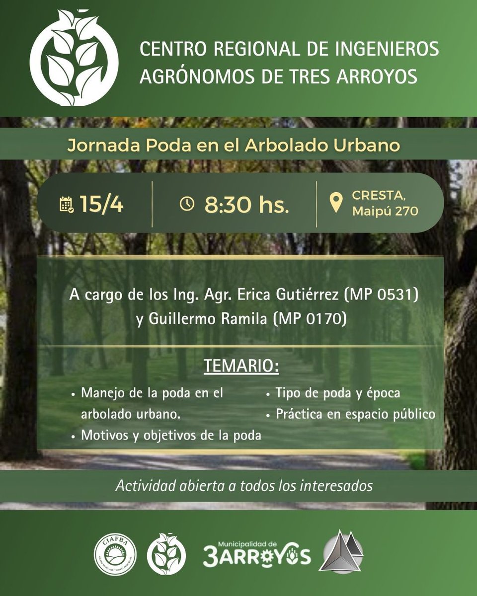 CRIATAOficial's tweet photo. Jornada de poda en arbolado urbano 🌳✂️
📅 15/4 - 8:30 hs
📍 CRESTA 

Capacitación teórico–práctica sobre manejo, tipos y objetivos de poda + práctica en espacio público.

Actividad abierta a todo público.
Organizan: CIAFBA – CRIATA – CELTA – Municipalidad de Tres Arroyos https://t.co/wBs2mP0iEl