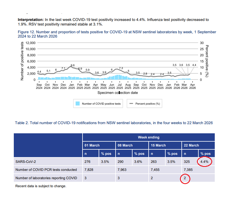 BigBadDenis's tweet photo. 🧵(1/3) NSW respiratory surveillance reports: 26 March 2026

Week ending 21 March 2026:

🔸COVID positivity rate: 4.4% (+0.9%)

🔸Number of laboratories reporting COVID: 2 out of 4

🔹COVID: 1,001 (+3.7%)
🔹Influenza: 519 (-7.3%)
🔹RSV: 1,369 (+23.7%)

https://t.co/1apogQpqtQ https://t.co/3Cp349yMpz