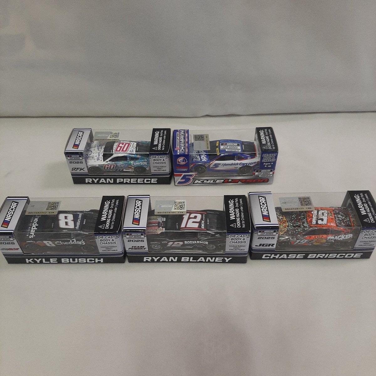 BenchRacDiecast's tweet photo. Some new 2025 1/64 that have arrived. Kyle Busch Cheddars Blue, Ryan Blaney Body Armor Black, Chase Briscoe Pocono win, Ryan Preece Kroger / Little Bites / Capri Sun &amp; Kyle Larson Hendrickcars Champion. https://t.co/iwWPSPlwSy