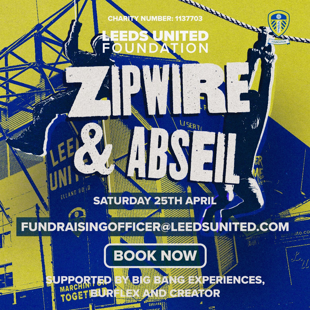 EllandRoad's tweet photo. 🏟️ This April, take on a zipwire across Elland Road and abseil down the stadium - all while raising vital funds for the #LUFC Foundation