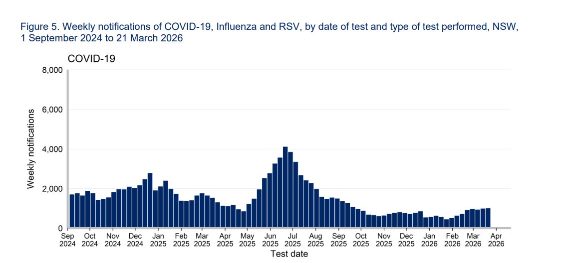 BigBadDenis's tweet photo. 🧵(1/3) NSW respiratory surveillance reports: 26 March 2026

Week ending 21 March 2026:

🔸COVID positivity rate: 4.4% (+0.9%)

🔸Number of laboratories reporting COVID: 2 out of 4

🔹COVID: 1,001 (+3.7%)
🔹Influenza: 519 (-7.3%)
🔹RSV: 1,369 (+23.7%)

https://t.co/1apogQpqtQ https://t.co/3Cp349yMpz