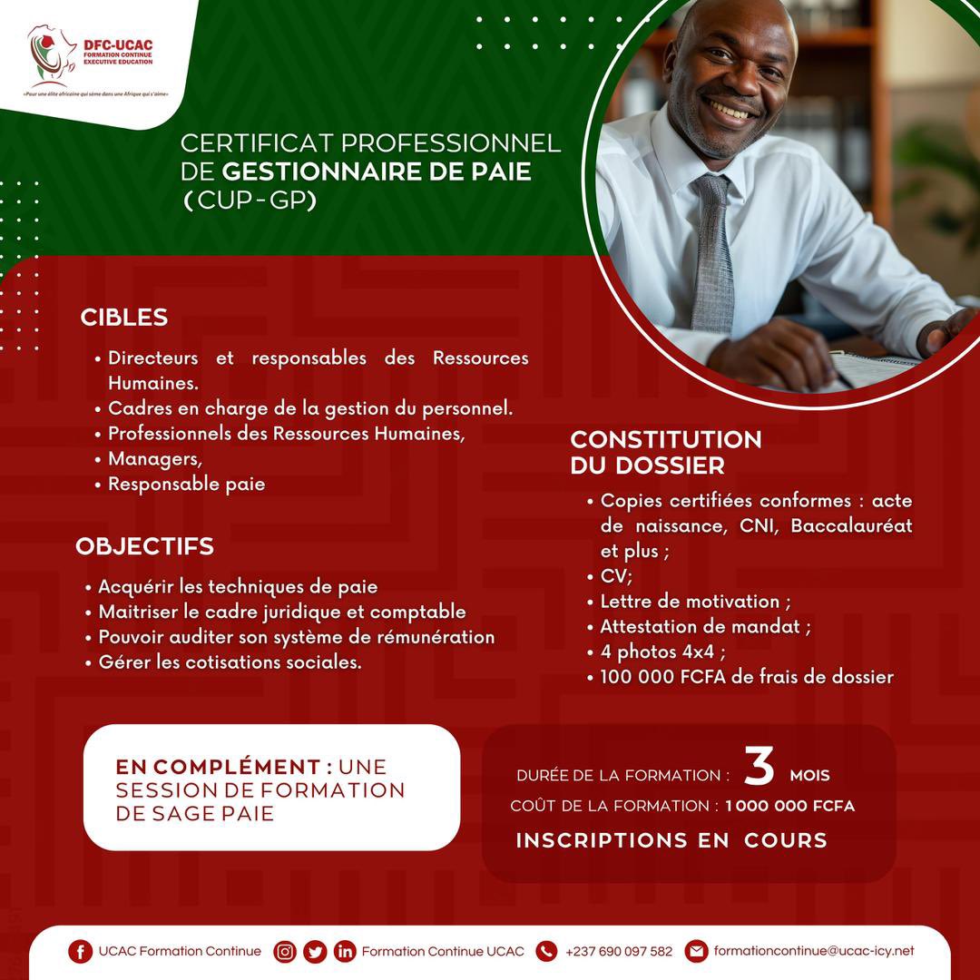 FC_UCAC's tweet image. Devenez expert en paie !

Le Certificat Professionnel de Gestionnaire de Paie (CUP - GP) vous permet de :
✔️ Maîtriser la paie
✔️ Comprendre le cadre juridique
✔️ Gérer les cotisations

💡 + Formation SAGE PAIE incluse
⏳ 3 mois seulement !

👉 Inscrivez-vous !

#UCAC #RH #Paie