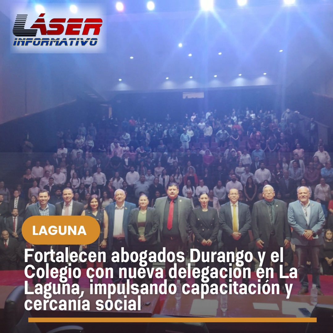 LaloSerranoZ's tweet photo. #LaserInformativo

#Laguna|| Fortalecen abogados Durango y el Colegio con nueva delegación en La Laguna, impulsando capacitación y cercanía social

En un acto que refuerza la unidad del gremio, los abogados de Durango celebraron la toma de protesta del nuevo delegado del Colegio de Abogados de Durango A.C. en el Segundo Distrito Judicial, con presencia en #Lerdo y #Mapimí. Este evento marca un paso clave en la expansión del Colegio y en el fortalecimiento de los abogados en la región Laguna.

Ante más de 500 abogados, la dirigencia del Colegio destacó la importancia de extender su presencia en todo Durango, asegurando representación y apoyo profesional en cada municipio. Esta estrategia busca que los abogados no se sientan aislados y que el Colegio sea un punto de referencia confiable para la ciudadanía.

Entre los principales compromisos establecidos destacan:
•Acercamiento social: Los abogados de Durango reforzarán su presencia en comunidades para ofrecer asesoría legal. 
•Capacitación continua: El Colegio impulsará programas para actualizar a los abogados y mantenerlos a la vanguardia. 
•Atención prioritaria: Se dará enfoque a temas sensibles como derecho familiar y mercantil en Durango. 
•Colaboración institucional: El Colegio trabajará junto a autoridades para resolver problemáticas legales.