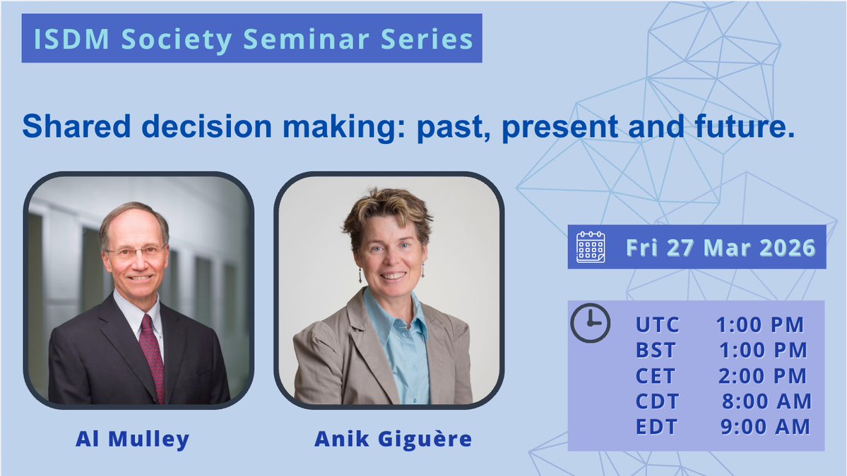 *Seminar Reminder!* Join us tomorrow for the insightful talk on SDM histories! <a href="/AnikGiguere/">Anik Giguere @AnikGiguere@masto.ai</a> and <a href="/almulley/">Al Mulley</a> will present on “Shared decision making: past, present and future”.  
Mar 27th 1:00 PM UTC   
Register here: tinyurl.com/4h96z4y4