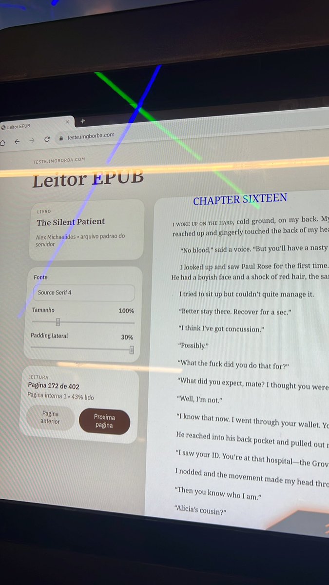 imgborba's tweet photo. esqueci o kindle em casa 👎

mas enquanto começava o cardio vibecodei remotamente um leitor de epub em 5 minutos pra ler na esteira 👍 https://t.co/eiy6quwKUe