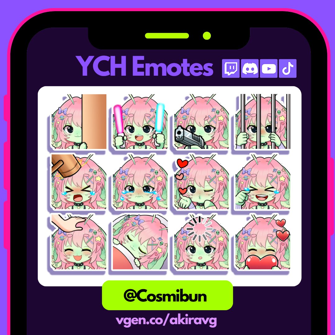 New YCH Emotes for Cosmibun

#VGenComm #VGenOpen #VGen #vgenartist #YCH #Emotes #Vtuber #ENVtuber #TwitchEmotes #commissionsopen