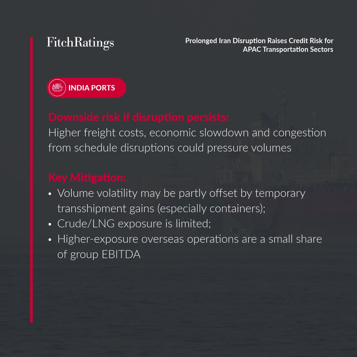 FitchRatings's tweet image. APAC port and airport operators would face mixed but increasingly negative credit effects if Iran-linked shipping and airspace disruption persists.

Read more: ow.ly/uemJ50YyrZp

#AsiaPacific #Ports #Airports #Transportation #Logistics #Credit