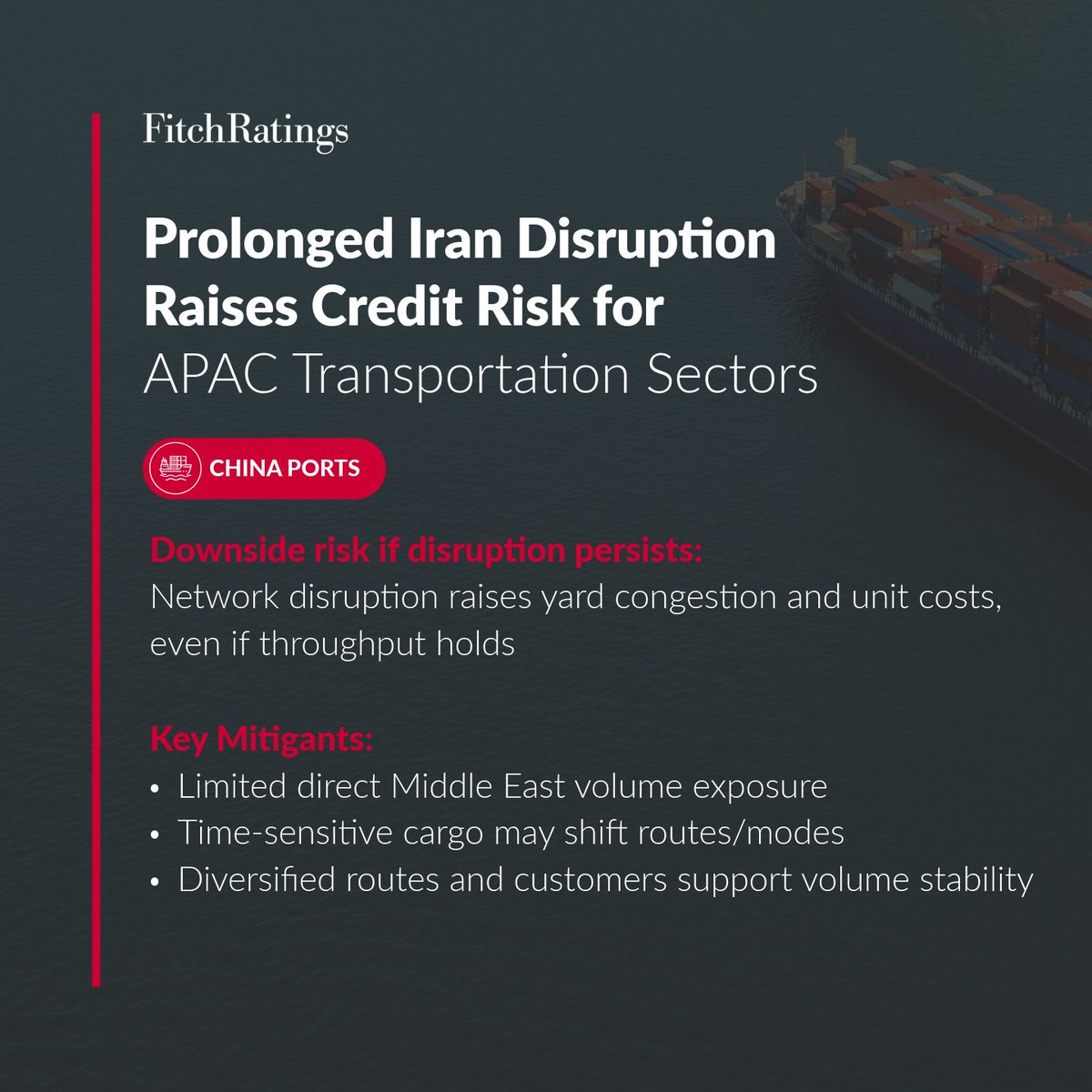 FitchRatings's tweet image. APAC port and airport operators would face mixed but increasingly negative credit effects if Iran-linked shipping and airspace disruption persists.

Read more: ow.ly/uemJ50YyrZp

#AsiaPacific #Ports #Airports #Transportation #Logistics #Credit