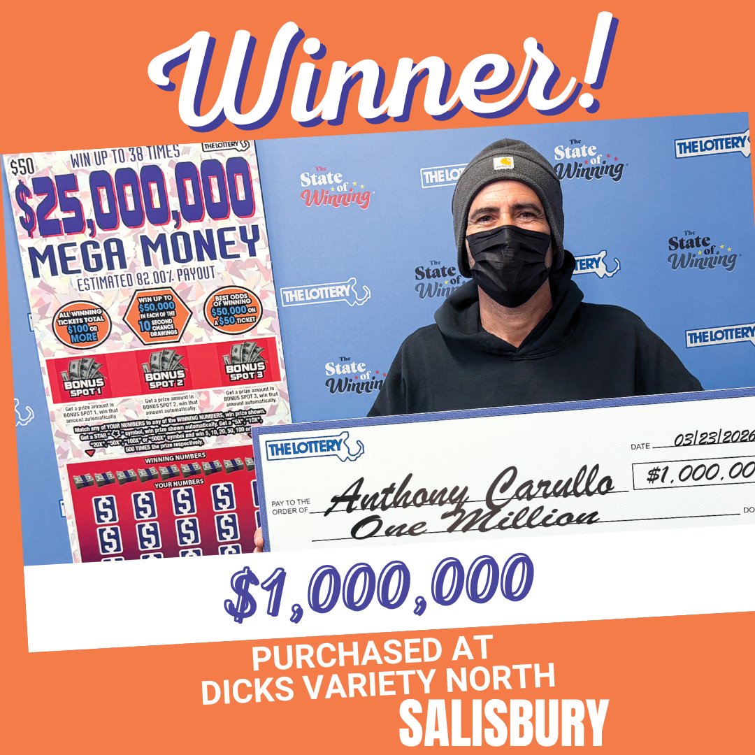 MAStateLottery's tweet image. $1 MILLION winner playing $25,000,000 Mega Money instant ticket ($50) at Dicks Variety North in #Salisbury

💰 As of posting, two - $25 million, three - $2 million and seven - $1 million prizes remain!

Second Chance &amp;gt; ow.ly/R6mr50YyNCo

#MassLottery
#Lottery