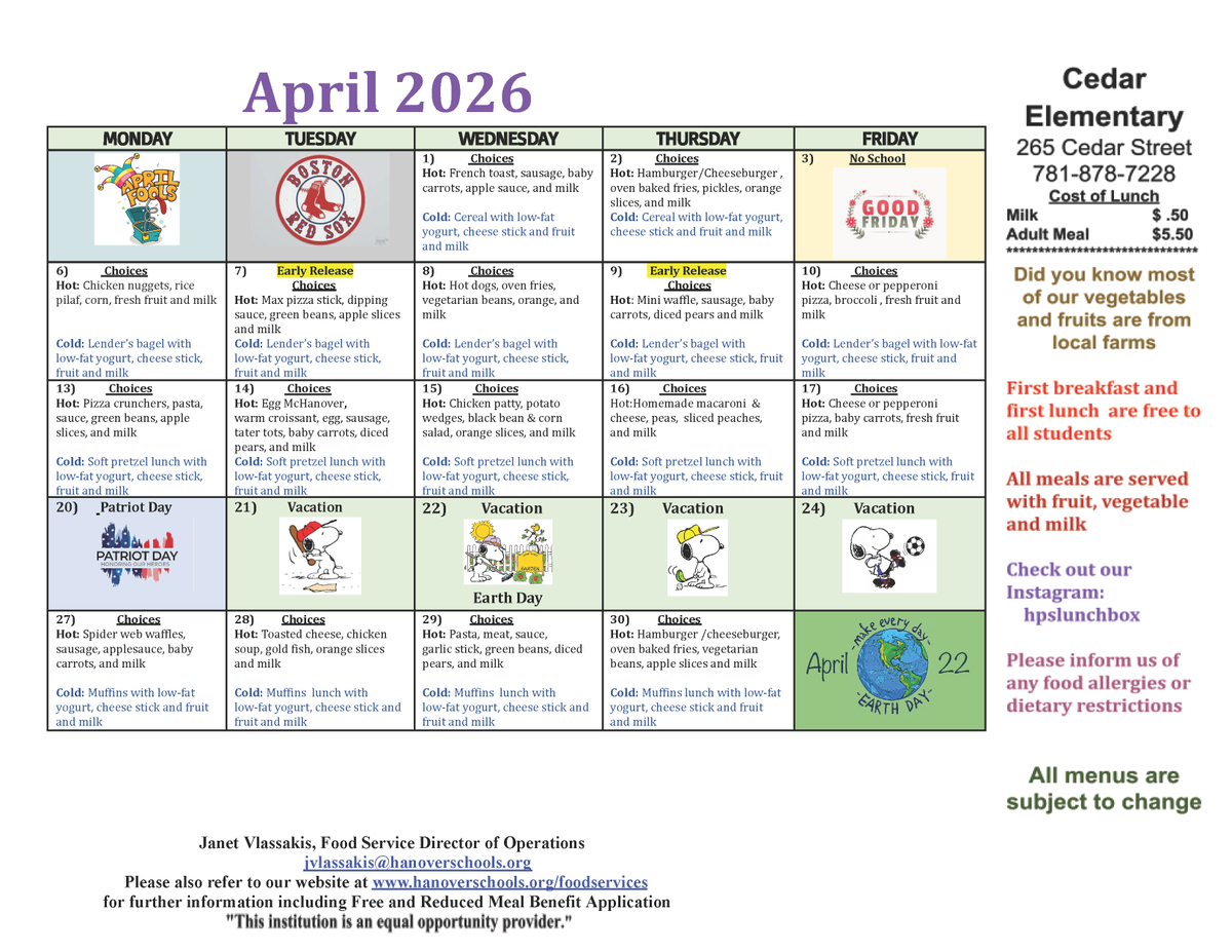 hpsma's tweet photo. Explore the Hanover Public Schools lunch menus for April 2026. Look at your school's offerings and discover delightful options for a satisfying meal! Bon appétit! 🍎🥗🍑 

For additional information, visit https://t.co/glcgu8QtXW https://t.co/iZ2QoIhkBA