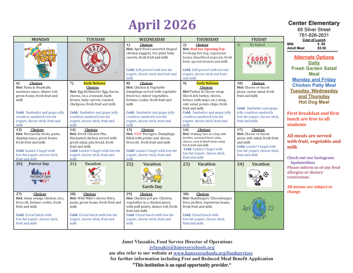 hpsma's tweet photo. Explore the Hanover Public Schools lunch menus for April 2026. Look at your school's offerings and discover delightful options for a satisfying meal! Bon appétit! 🍎🥗🍑 

For additional information, visit https://t.co/glcgu8QtXW https://t.co/iZ2QoIhkBA