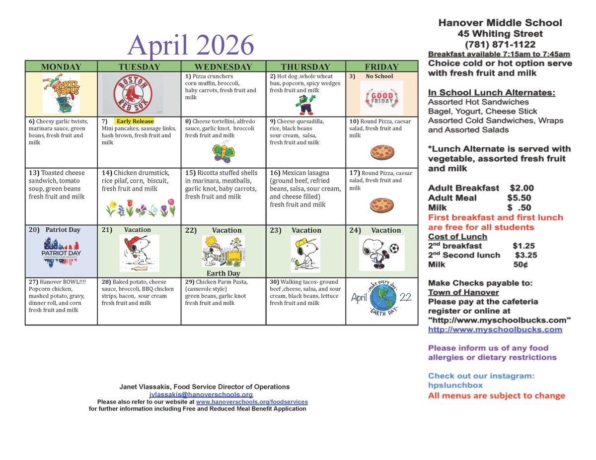 hpsma's tweet photo. Explore the Hanover Public Schools lunch menus for April 2026. Look at your school's offerings and discover delightful options for a satisfying meal! Bon appétit! 🍎🥗🍑 

For additional information, visit https://t.co/glcgu8QtXW https://t.co/iZ2QoIhkBA