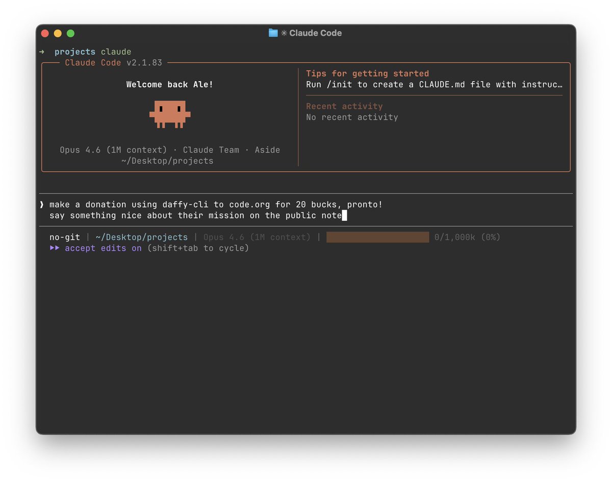 alejandrocrosa's tweet photo. You can now let your AI Agents donate to charity with the daffy-cli✨
Docs: https://t.co/n3IC8ElZhq

Here's a quick example doing a small grant to @codeorg in one prompt https://t.co/MVGrHrlgAb