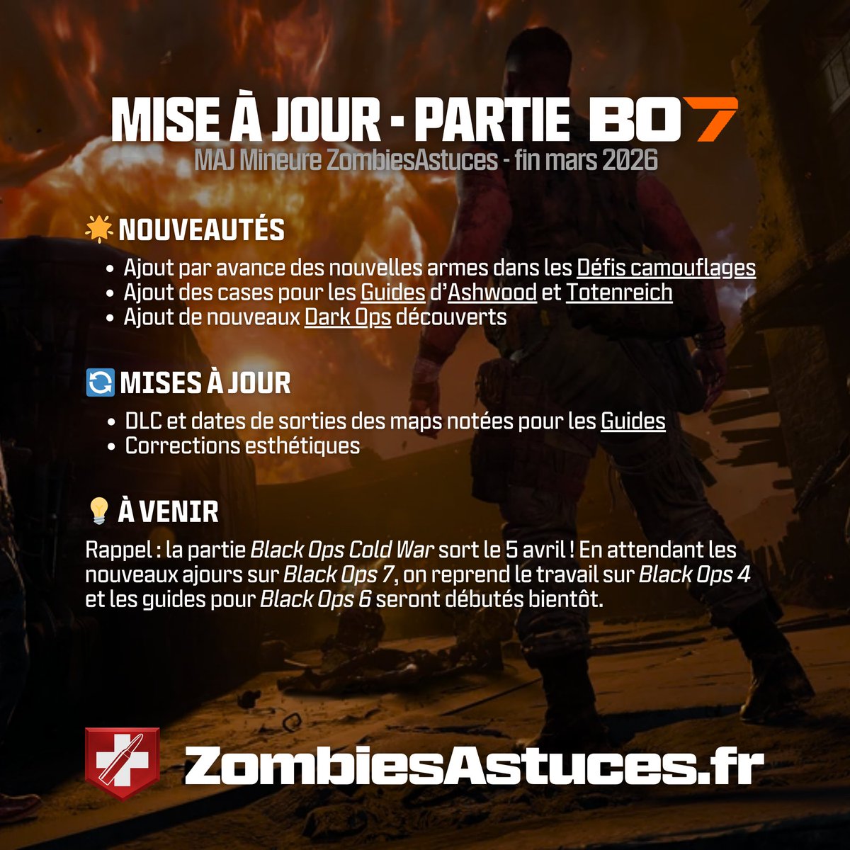 ZombiesAstuces's tweet image. 🌙 Une mini MAJ ZombiesAstuces.fr avant de dormir

On a apportés quelques petites nouveautés et changements pour préparer le terrain de la Saison 3 de #BlackOps7.

En attendant, #BlackOpsColdWar c'est le 5 avril, et on reprend #BlackOps4 et début de #BlackOps6 !

Détails 👇