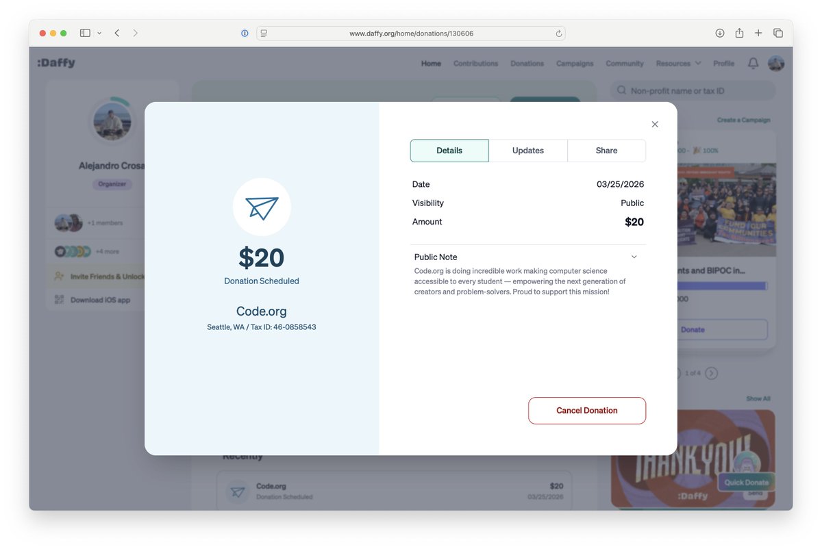 alejandrocrosa's tweet photo. You can now let your AI Agents donate to charity with the daffy-cli✨
Docs: https://t.co/n3IC8ElZhq

Here's a quick example doing a small grant to @codeorg in one prompt https://t.co/MVGrHrlgAb
