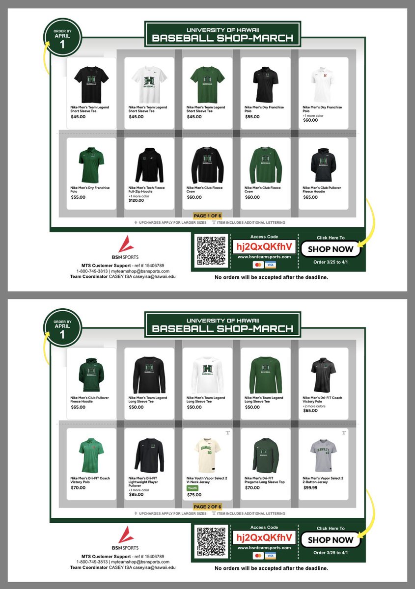 casey_isa's tweet photo. University of Hawaii Baseball’s Team shop is back!

Get your UH Baseball Gear TODAY! Percentage of the sales help the Baseball Program!

Hurry, shop closes 04/01/2026!  https://t.co/IFfXrveD94

#UHBaseball #nike #BSN #HawaiiBaseball https://t.co/cWgjiU7nP4