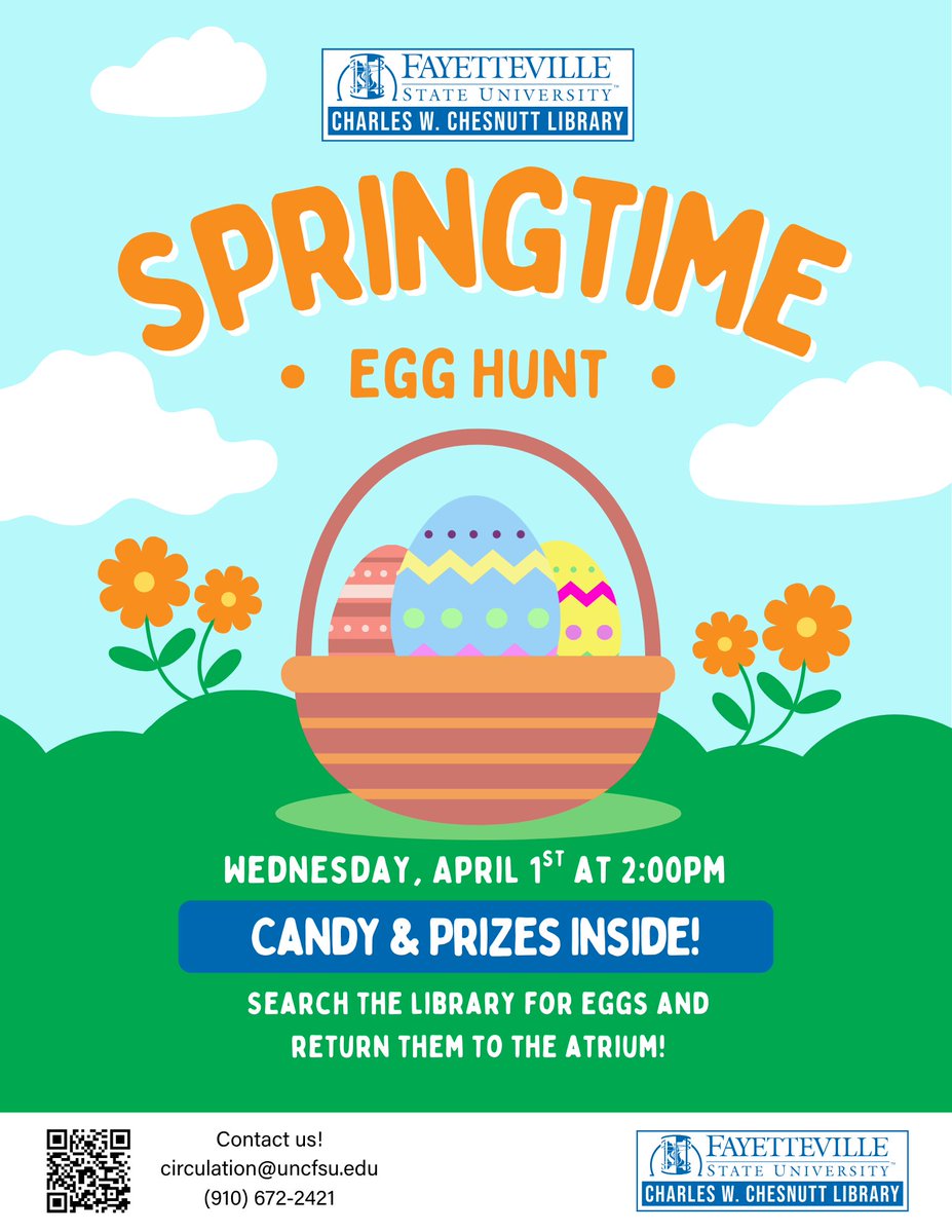 Seek out prizes on April 1st at 2:00pm in the library during our Springtime Egg Hunt!

#uncfsu #chesnuttlibrary #fayettevillestatebroncos #charleswchesnuttlibrary #fayettevillestateuniversity #fayettevillestate #loveyourlibrary #BroncoPride