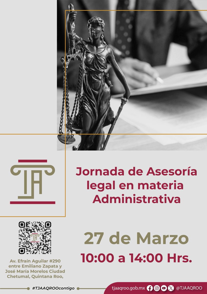 TJAAQRoo's tweet photo. A través de la Unidad de Asistencia Jurídica del TJAAQROO brindamos asesoría legal gratuita en materia administrativa, para que todas y todos conozcan y ejerzan sus derechos de forma clara y sencilla. ⚖️

Te invitamos a la *Jornada de Asesoría Legal en Materia Administrativa*. https://t.co/61F4VeblLd