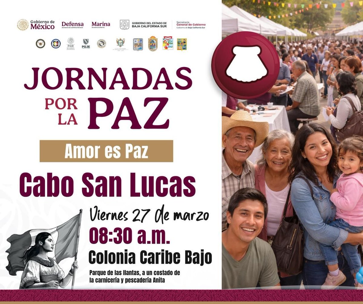 GobBCS's tweet image. 📣✨#Atención | Súmate a las #JornadasPorLaPaz y forma parte de este encuentro para fortalecer la unión y el bienestar de tu comunidad.

📍Te esperamos este próximo viernes  en el Parque de las Llantas de la Col. Caribe Bajo, #CaboSanLucas.