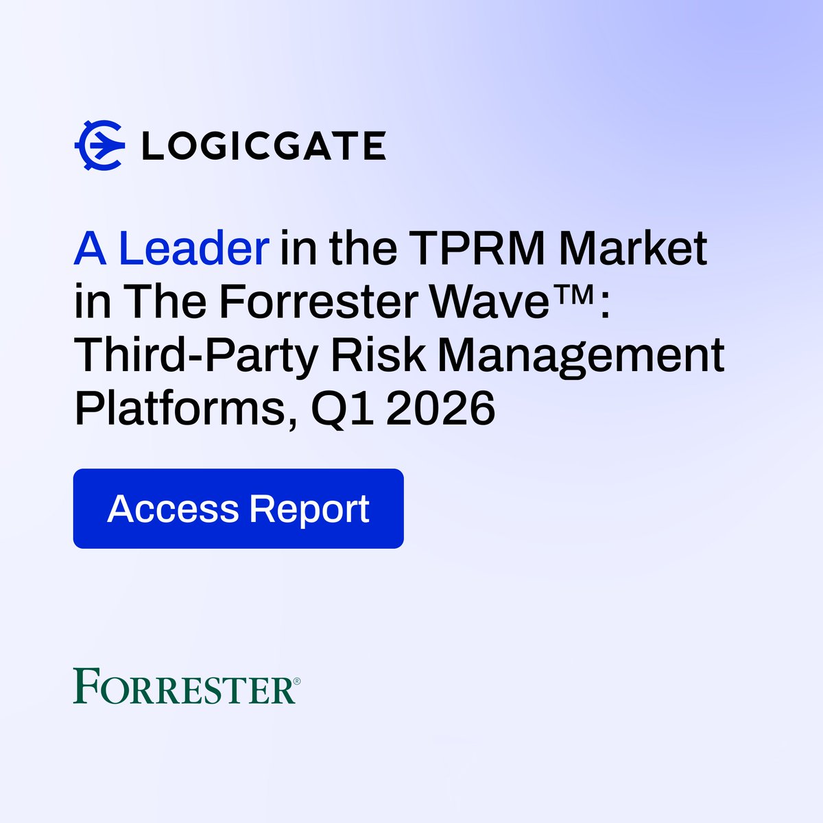 LogicGate's tweet photo. Did you hear the news? LogicGate was named A Leader in the Q1 2026 Forrester Wave™: Third-Party Risk Management Platforms!

Static programs don't stop dynamic threats. The standard for #TPRM has changed.

Learn more: https://t.co/PJldCham0H https://t.co/lX1MFsipc1