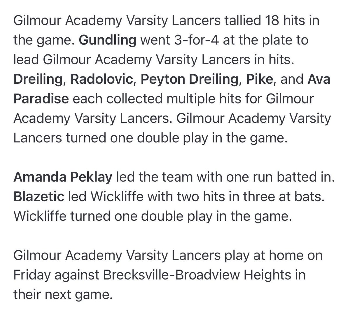 GilmourSoftball's tweet photo. Gilmour 14, Wickliffe 1 - Golden Game Balls to Hanna Hemmi 1st varsity hit &amp; DP in field; Peyton Dreiling 2/2 and pick off play; Hailey Gray 2HR, 3R, 4RBI. #GoGA #MaeThingsHappen  @nhpreps @jkampf_NH @ohiovarsity @ccscaohio
@yappisoftball @Isley23 @JacobHansen_12 @cam_palmer55 https://t.co/k0tf5zhulz