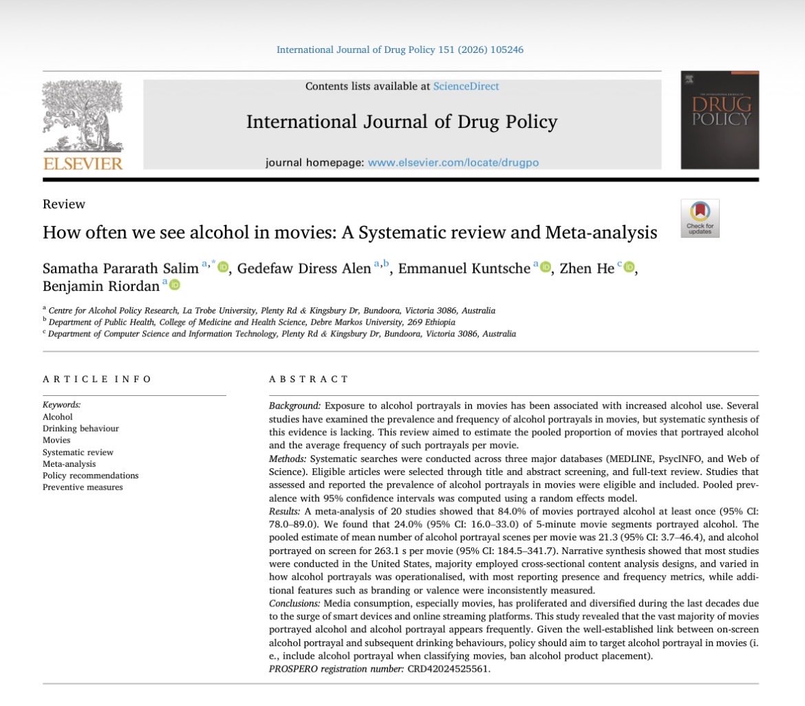 ijdrugpolicy's tweet image. “How often we see alcohol in movies: A Systematic review and Meta-analysis” by Samatha Pararath Salim and colleagues (2026) via @ijdrugpolicy…whats your favourite movie based around alcohol? 

Link: sciencedirect.com/science/articl…

#Alcohol #Policy