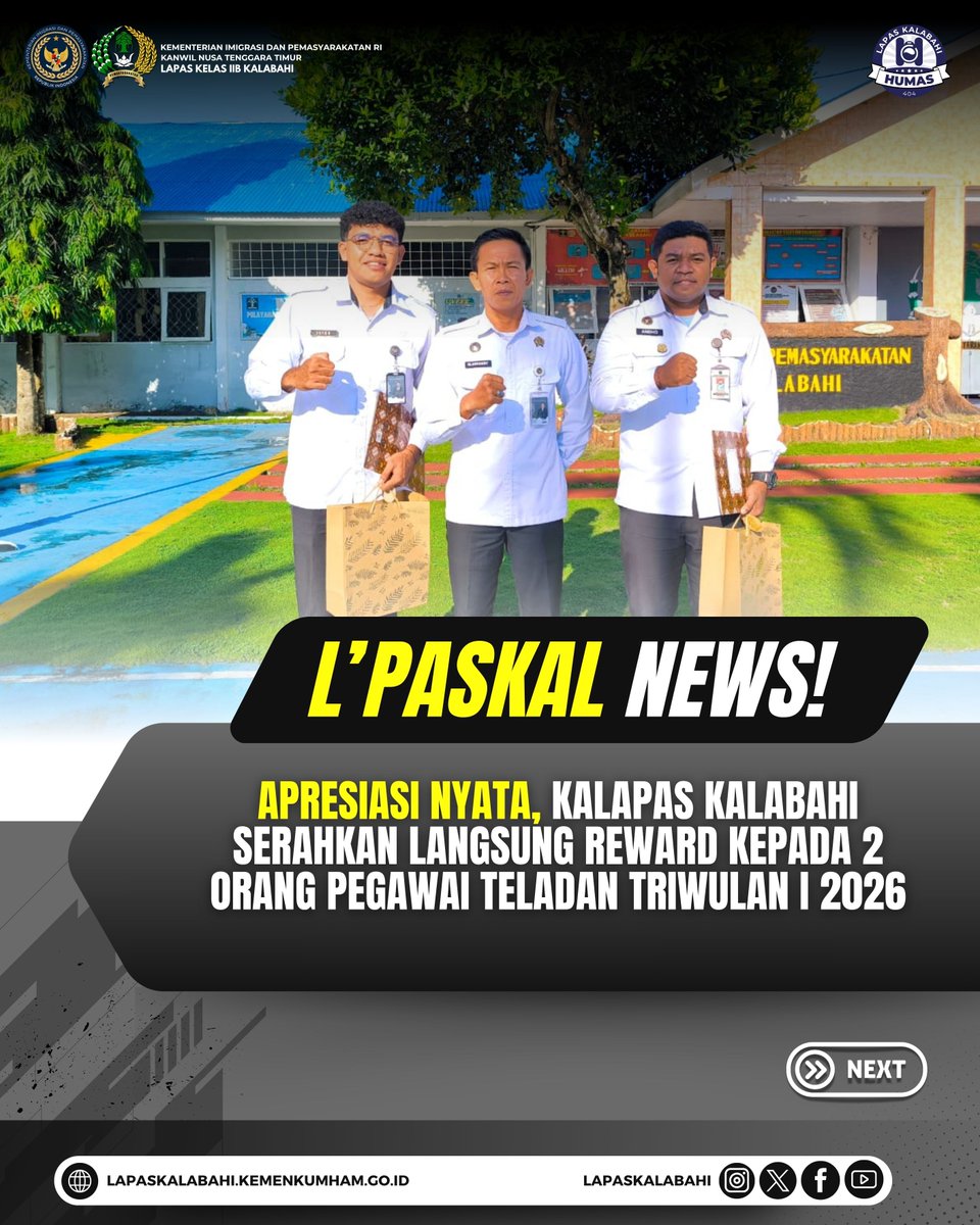 LapasKalabahi's tweet image. Apresiasi Nyata, Kalapas Kalabahi Serahkan Langsung Reward Kepada 2 Orang Pegawai Teladan Triwulan I 2026

Selengkapnya:
lapaskalabahi18.blogspot.com/2026/03/apresi…

#LapasKalabahi
#Kemenimipas
#AlwaysTheBest
~ KanwilDitjenpasNTT