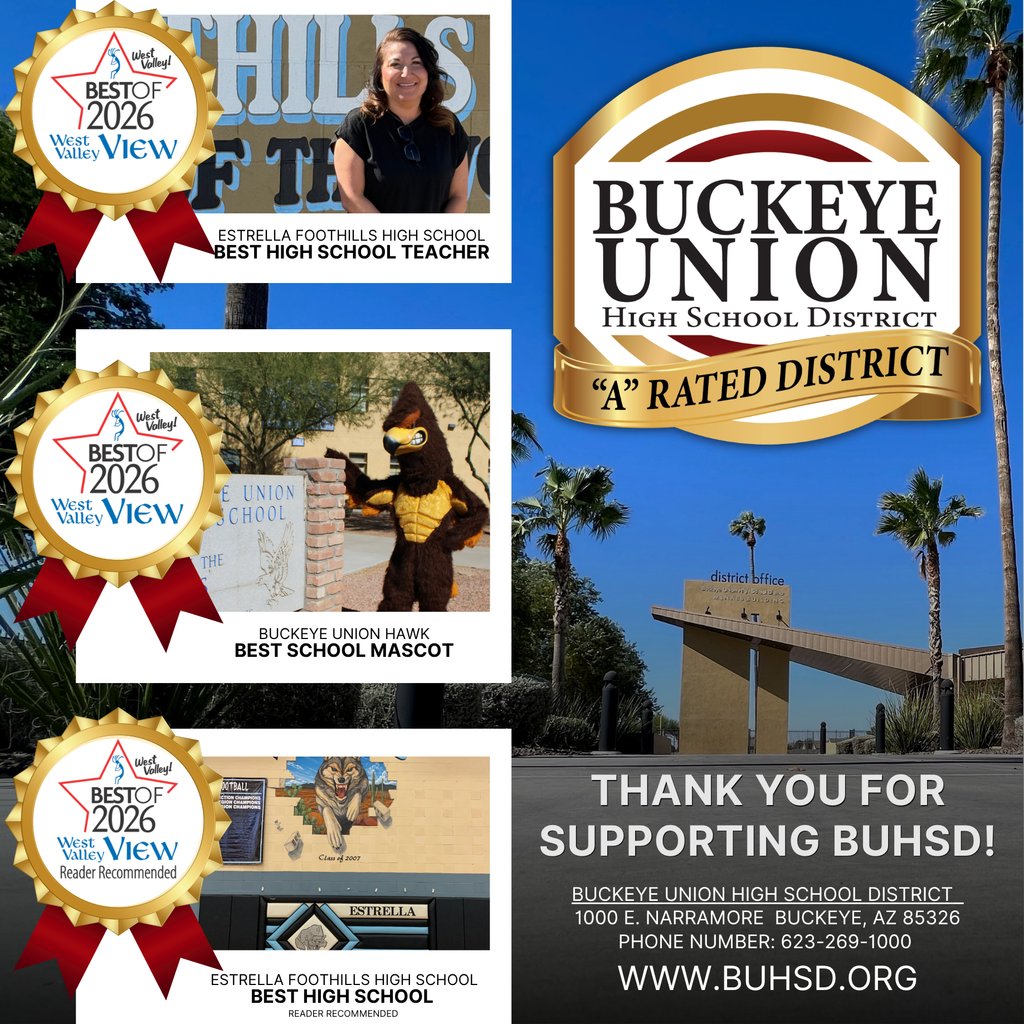 BuckeyeUnionHSD's tweet photo. We’re honored to be recognized in the West Valley View’s “Best of the Best”!
Thank you to everyone who voted and continues to support Buckeye Union High School District.
#BUHSD201 #ARatedDistrict #BestOfTheBest #WestValleyView #CommunityOfExcellence https://t.co/M7jUpD5ZJ4