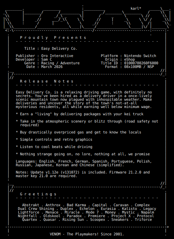 switch_predb's tweet photo. New Release by VENOM!

Easy_Delivery_Co_NSW-VENOM [01000780260F6000][04890679]
Size: 636.73 MiB

View on Tinfoil: https://t.co/zTwJHTjy22
View on eShop: https://t.co/Nti5aF33aM https://t.co/qrUbZA4Gte