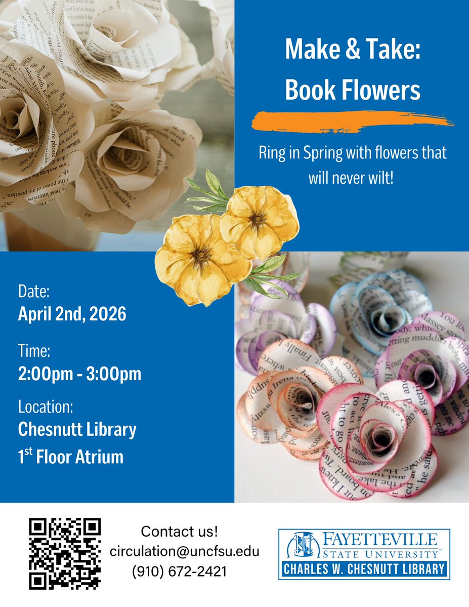 Join us April 2nd to ring in Spring! Our paper roses will never wilt and make the perfect bouquet for any book lover!

#chesnuttmakeandtake #uncfsu #chesnuttlibrary #fayettevillestatebroncos #charleswchesnuttlibrary #fayettevillestateuniversity #fayettevillestate #BroncoPride