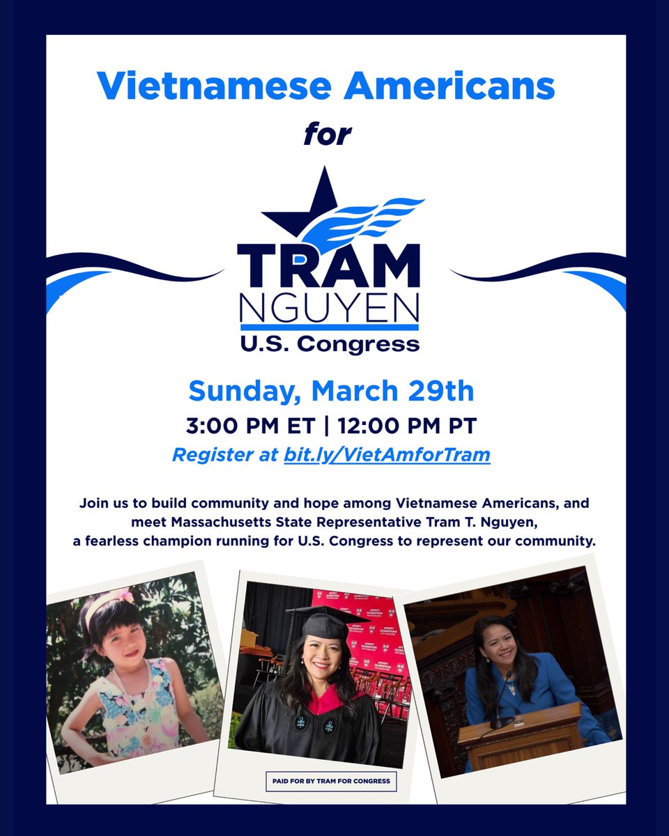 viets4progress's tweet photo. Join @viets4progress this Sunday, 3/29 at 3PM ET 💙

✨ Meet @TramForCongress, Massachusetts State Representative and fearless champion running for U.S. Congress to serve our community.

🔗 RSVP: https://t.co/VcSPhe4C40 👈🏼 https://t.co/LdRGTRqWBk