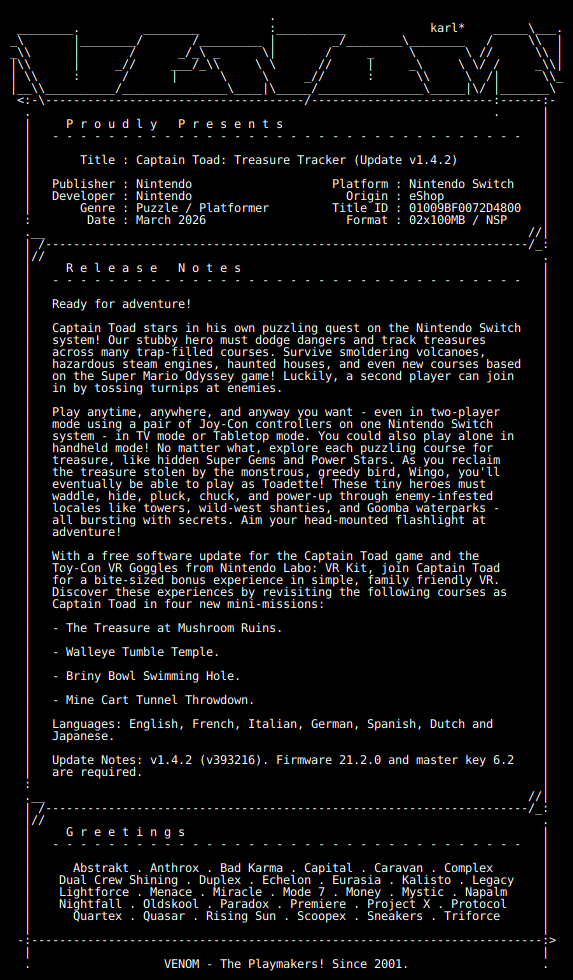 switch_predb's tweet photo. New Release by VENOM!

Captain_Toad_Treasure_Tracker_Update_v1.4.2_NSW-VENOM [01009BF0072D4800][8D7EA9B5]
Size: 163.7 MiB

View on Tinfoil: https://t.co/tuLs7eRdPg
View on eShop: https://t.co/iRtfgpcIxK https://t.co/51WYl1h15P