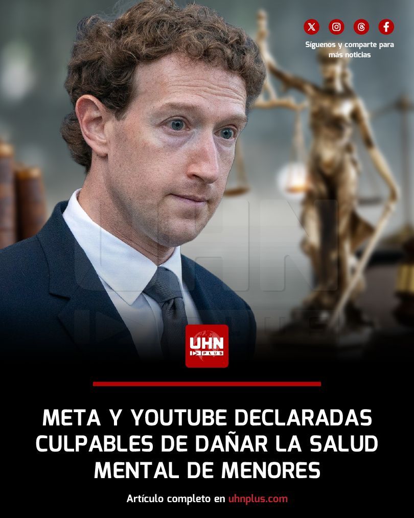 🇺🇸‼️ | Un jurado de Los Ángeles declaró culpables a Meta (dueña de Instagram) y a YouTube, de dañar gravemente la salud mental de menores. La sentencia obliga a ambas empresas a indemnizar con 3 millones de dólares a una joven de 20 años que desarrolló una severa adicción a las