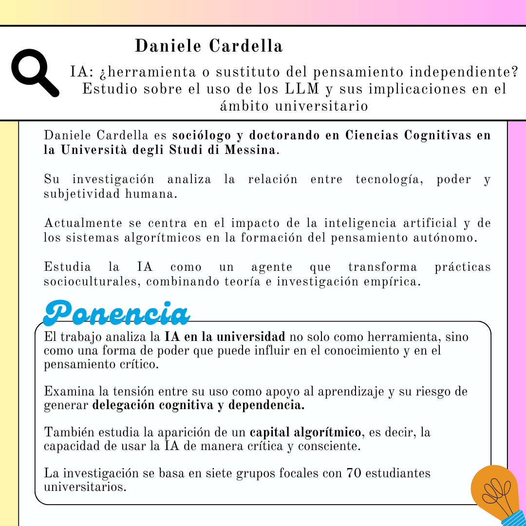 spd_ucm's tweet photo. ✨ 6ª sesión SPDE (VIII edición)

📚 Taller
🎨 Asociación Pausa (I. Ortuño &amp; G. Santos)
Juego y arte como formas de aprendizaje
🎓 Ponencia
🧠 Daniele Cardella
IA y pensamiento independiente en la universidad
🗓️ 26/03/2026
🕒 17:00–20:00 https://t.co/qLGQYPMGfw
