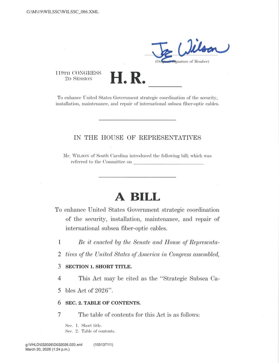 Grateful to introduce this bill with <a href="/RepGregoryMeeks/">Rep. Gregory Meeks</a> to protect our undersea fiber optic cables from the threat of sabotage by our adversaries Russia and China. This is the House companion of essential legislation which passed SFRC led by <a href="/SenatorShaheen/">Sen. Jeanne Shaheen</a> and <a href="/SenJohnBarrasso/">Sen. John Barrasso</a>.