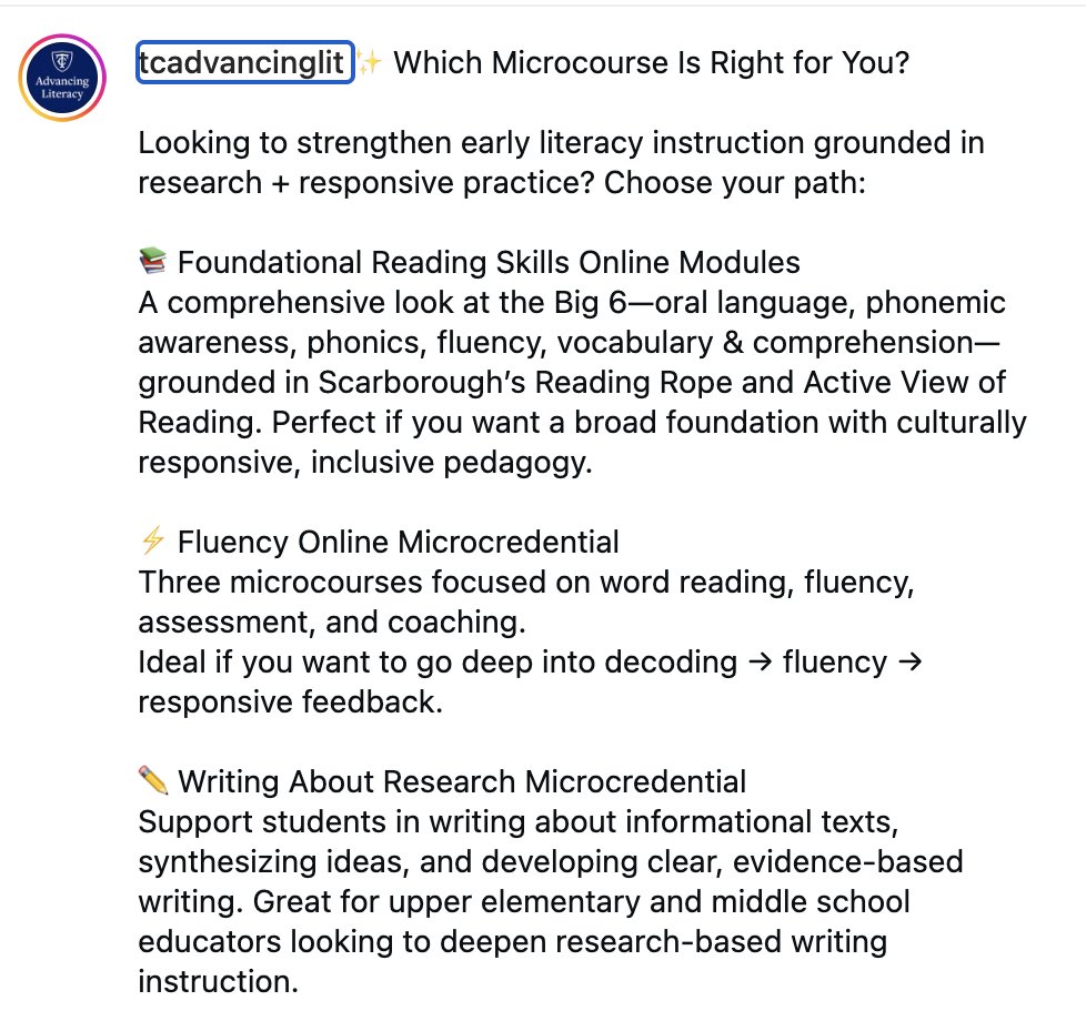 TCAdvancingLit's tweet image. Online, asynchronous courses available for continuing education! #microcredentials

#Foundational #Skills

advancingliteracy.tc.columbia.edu/asynchronous-c…

#Teachers #Online #Learning #Asynchronous #Education #science of #reading #learning #literacy #educators #schools #ProfessionalGrowth