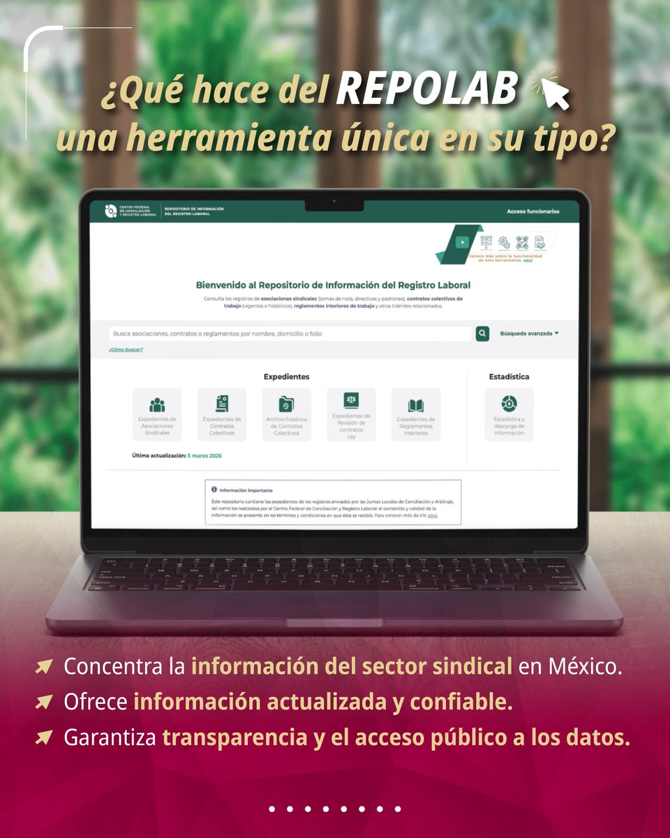 STPS_mx's tweet photo. El Repositorio de Información del Registro Laboral (#RepoLab) es un mecanismo de transparencia único en el mundo del trabajo, que permite consultar la información de las organizaciones sindicales en México.
🔗Conócelo en: https://t.co/La4hgVT7uE https://t.co/i8wZKoYvwz