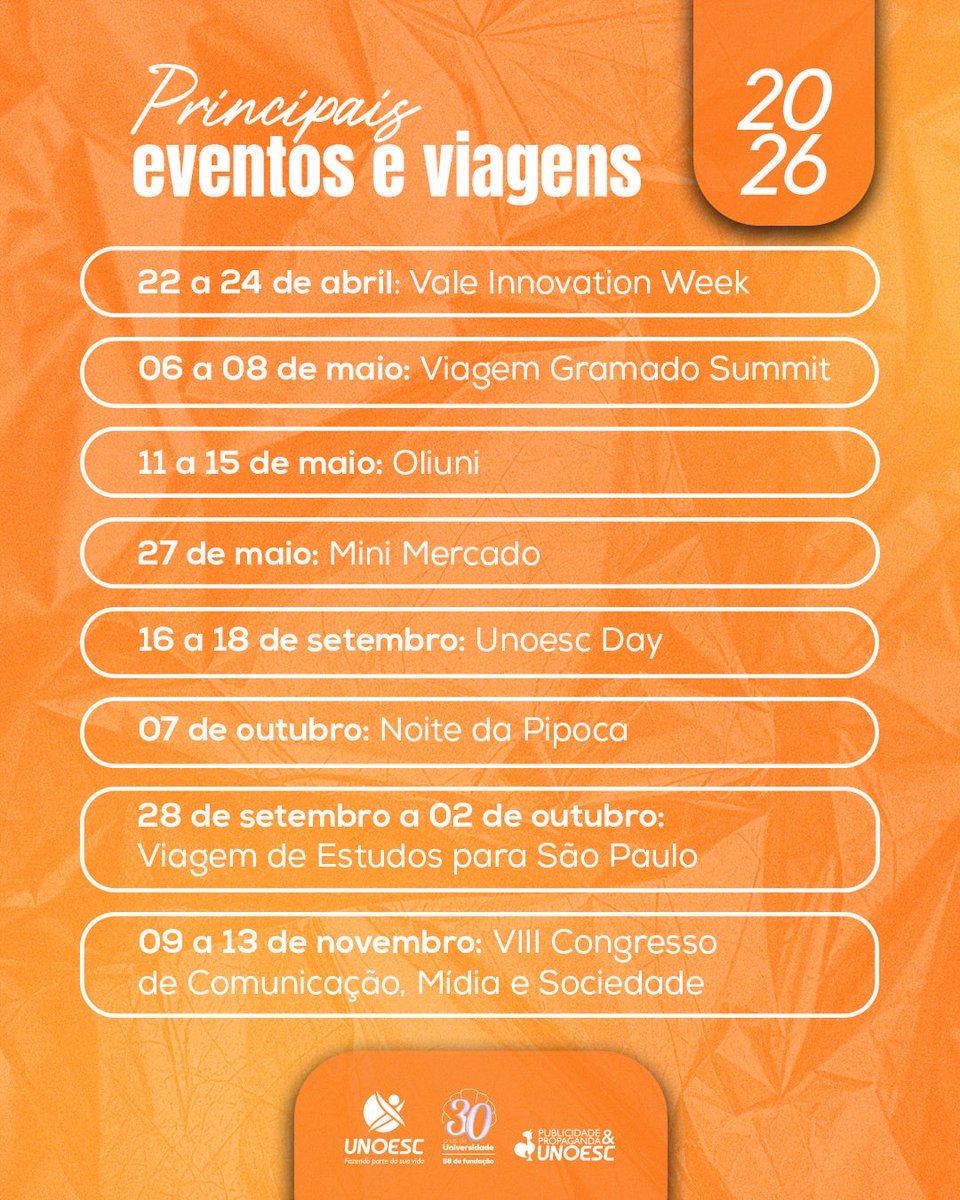ppunoesc's tweet photo. 🚀 2026 vai ser daqueles anos que a gente não esquece!

Durante o ano, uma sequência de eventos, viagens e experiências vão somar no aprendizado dos nossos  estudantes 💡✨

#ppunoesc #ExperiênciaQueTransforma #VidaAcadêmica https://t.co/bteLNzdcUk