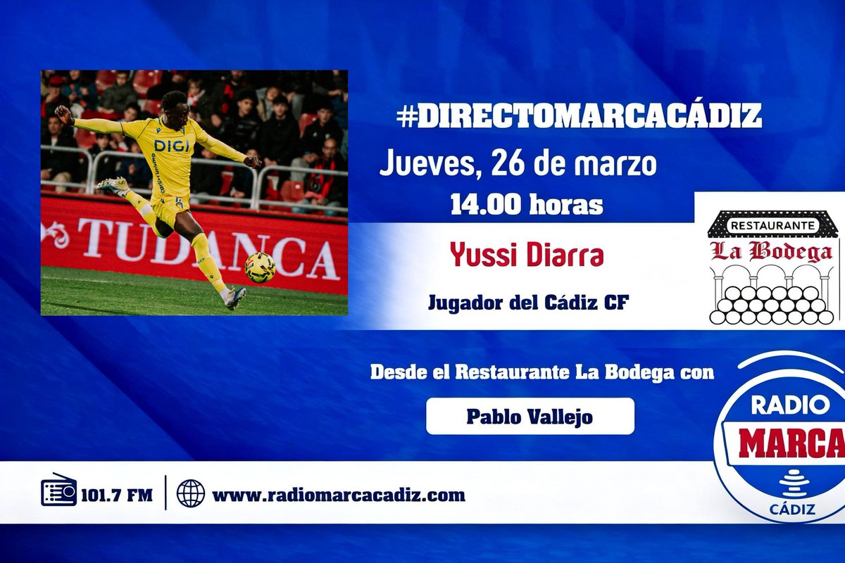 vallejobotaro's tweet photo. Mañana estará con nosotros Yussi Diarra en @RadioMarcaCadiz. De no contar con Garitano a ser importante para Sergio. Interesante conocer su visión del Cádiz llevando tan solo unos meses en el club. Desde el Restaurante La Bodega. https://t.co/JGFY0Knu9g