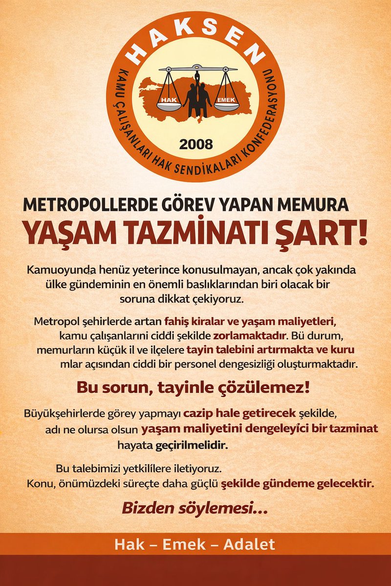 ayhancivi's tweet photo. Kamuoyunda pek konuşulmayan ancak yakın zamanda  gündemin ilk sıralarında olacak çok önemli bir konuya dikkat çekmek istiyorum.
Özellikle metropol şehirlerdeki fahiş kiralar ve yaşam maliyeti memurları çok zorluyor. 
Haklı olarak  küçük ölçekli il ve ilçelere tayin talebinde bulunmaları  tüm kurumlarının öncelikli sorunu !
Bu sorun, memurları tayin ederek  çözülemez !
Adına her ne denirse densin, memurlar için metropolleri cazip hale getirecek şekilde bir  tazminat ödenmelidir.
Bu talebimizi gerek kamu yöneticilerine gerekse milletvekillerine iletiyoruz.
Aldığımız bilgiye göre de hükümetin gündemine gelecek diye düşünüyoruz.
Bizden söylemesi !
Birileri de biz başardık falan diyecektir ! 
#memur #istanbul #ankara #izmir