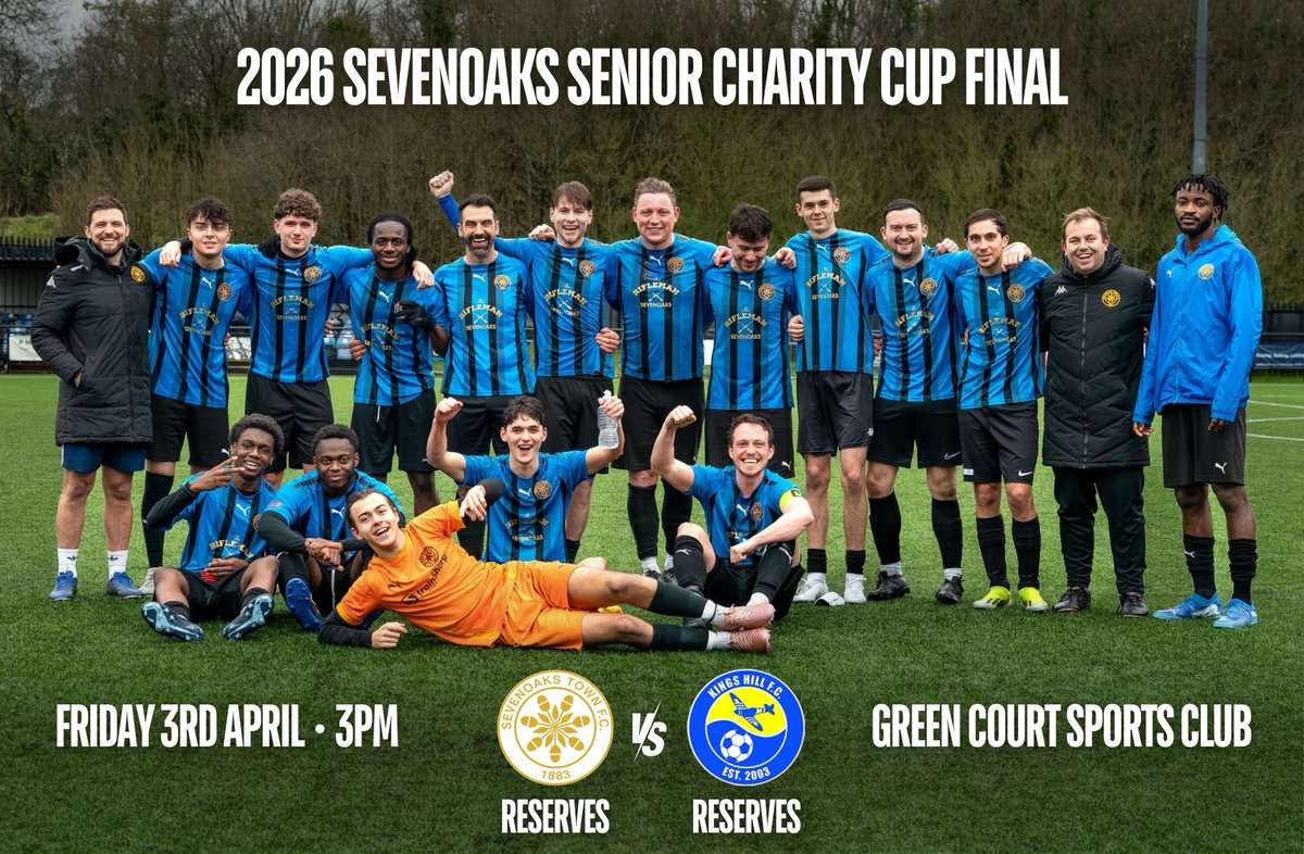 SevenoaksTownFC's tweet photo. DATE FOR THE DIARY 🗓️ 

Our Reserves side are into the Sevenoaks Senior Charity Cup Final and need your support! 🙌

Details below ⬇️

🗓️ Friday 3rd April 
🆚 Kings Hill Reserves
⌚️ 3pm
🏟️ Green Court Sports Club, Swanley, BR8 8HF

🔵⚫️ | #Sevenoaks #STFC https://t.co/CkA2dI7VTO
