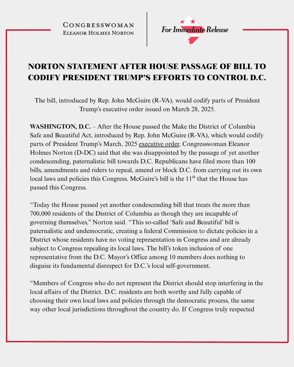 EleanorNorton's tweet photo. Today the House passed a bill to create a federal Commission to dictate policies for DC residents, who lack voting representation in Congress and are already subject to Congress repealing their local laws.
 
I’ll fight this bill’s passage in the Senate.
 
#FreeDC https://t.co/M6AsqGxGeS