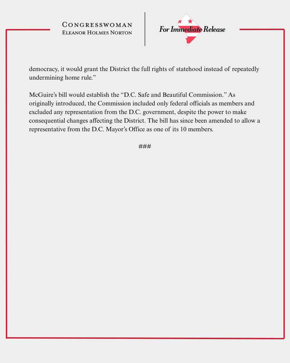 Today the House passed a bill to create a federal Commission to dictate policies for DC residents, who lack voting representation in Congress and are already subject to Congress repealing their local laws.
 
I’ll fight this bill’s passage in the Senate.
 
#FreeDC