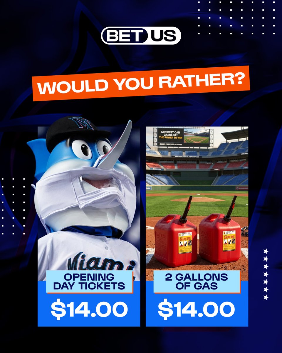 BetUS_Official's tweet photo. Would you rather spend $14 on Marlins tickets or buy 2 gallons of gas? https://t.co/w1T8mHr2B5