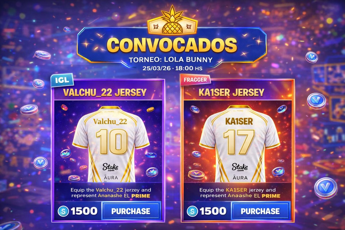 AnanasheTeam's tweet photo. Convocados para hoy 25/03  (18 Hrs)

             Fortnite 
(Torneo Lola Bunny)

IGL: Valchu_22

Fragger: KA1SER

#VamosAnana #ElPrime https://t.co/RvpWZTsAvQ